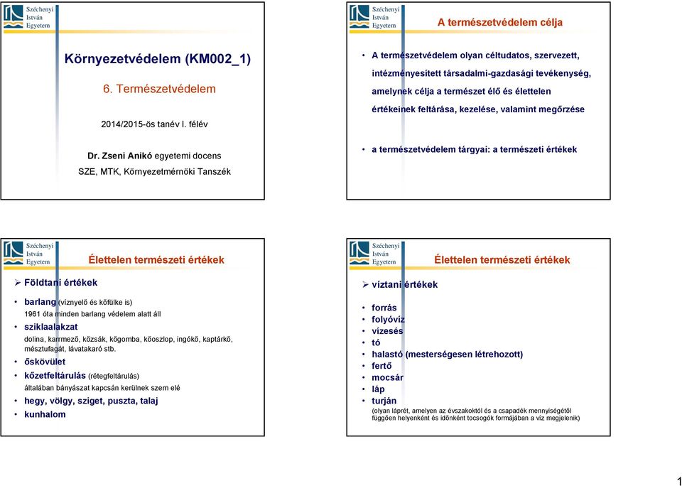 kezelése, valamint megőrzése a természetvédelem tárgyai: a természeti értékek SZE, MTK, Környezetmérnöki Tanszék Élettelen természeti értékek Élettelen természeti értékek Földtani értékek barlang