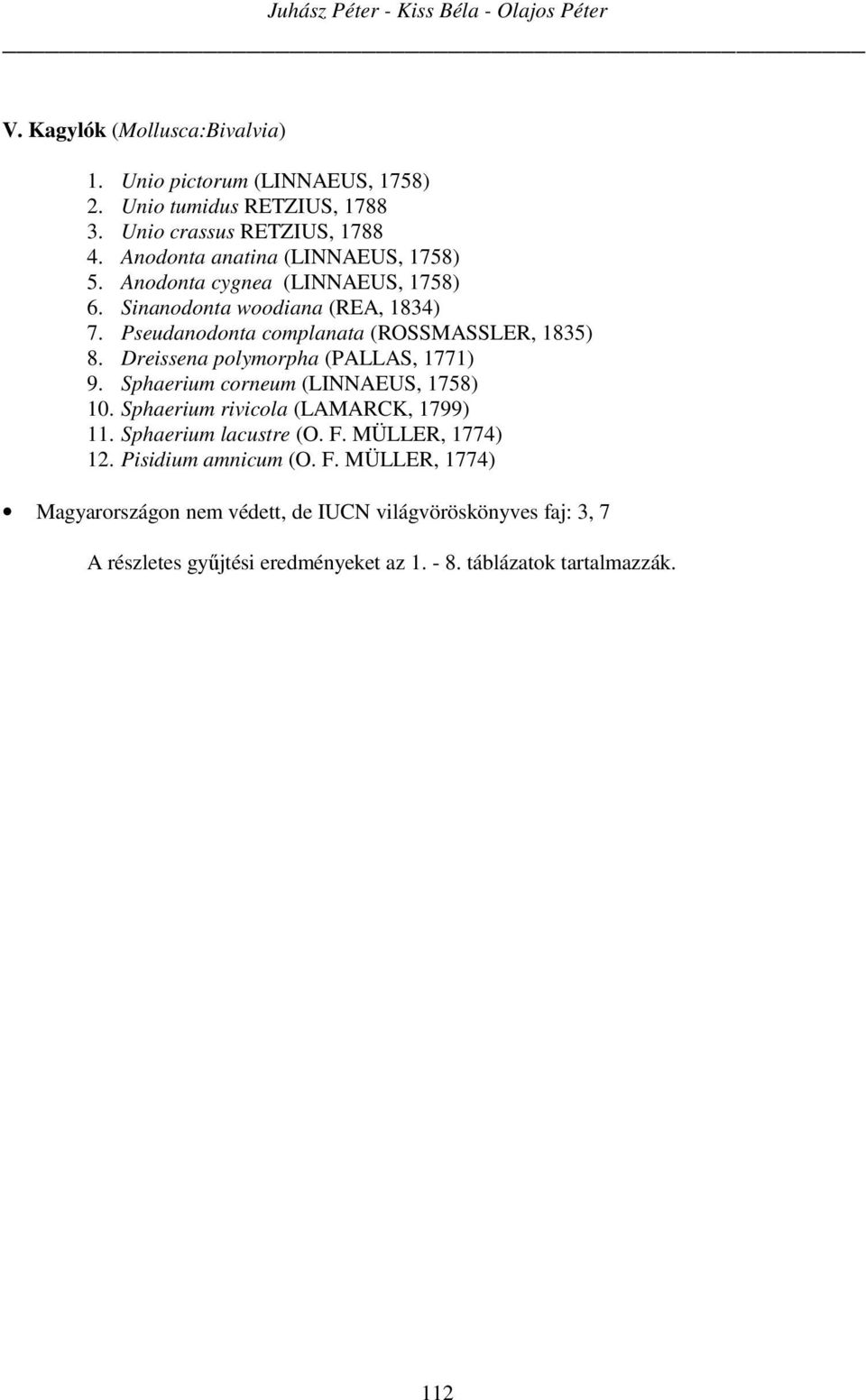 Pseudanodonta complanata (ROSSMASSLER, 1835) 8. Dreissena polymorpha (PALLAS, 1771) 9. Sphaerium corneum (LINNAEUS, 1758) 10. Sphaerium rivicola (LAMARCK, 1799) 11.