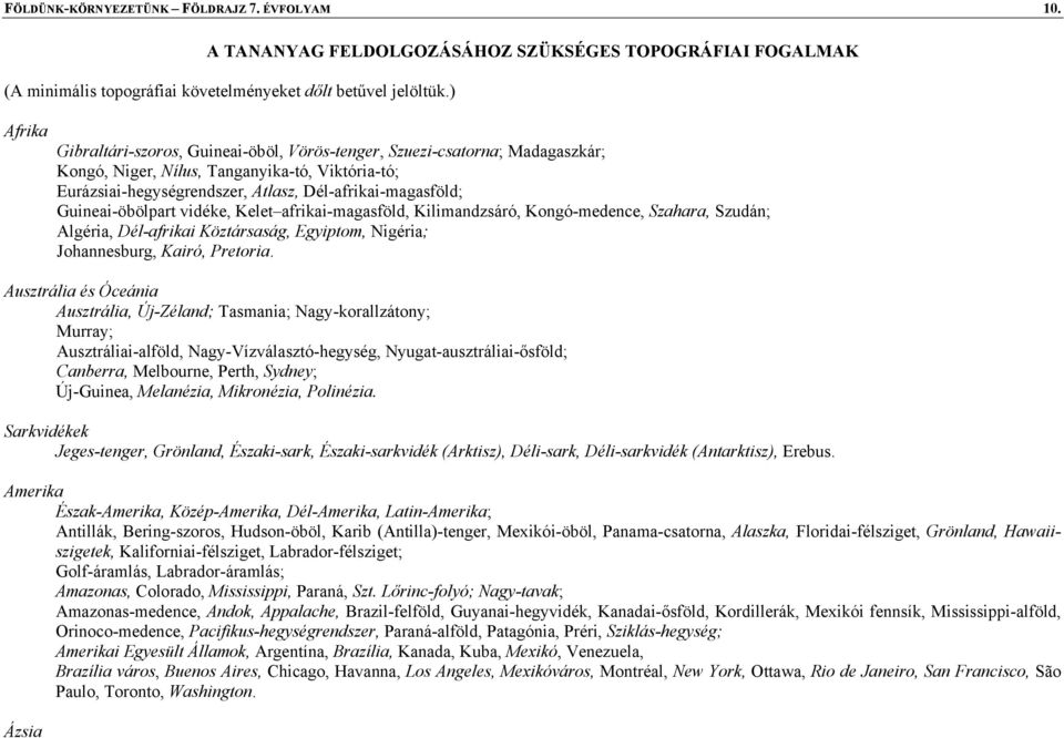 Guineai-öbölpart vidéke, Kelet afrikai-magasföld, Kilimandzsáró, Kongó-medence, Szahara, Szudán; Algéria, Dél-afrikai Köztársaság, Egyiptom, Nigéria; Johannesburg, Kairó, Pretoria.