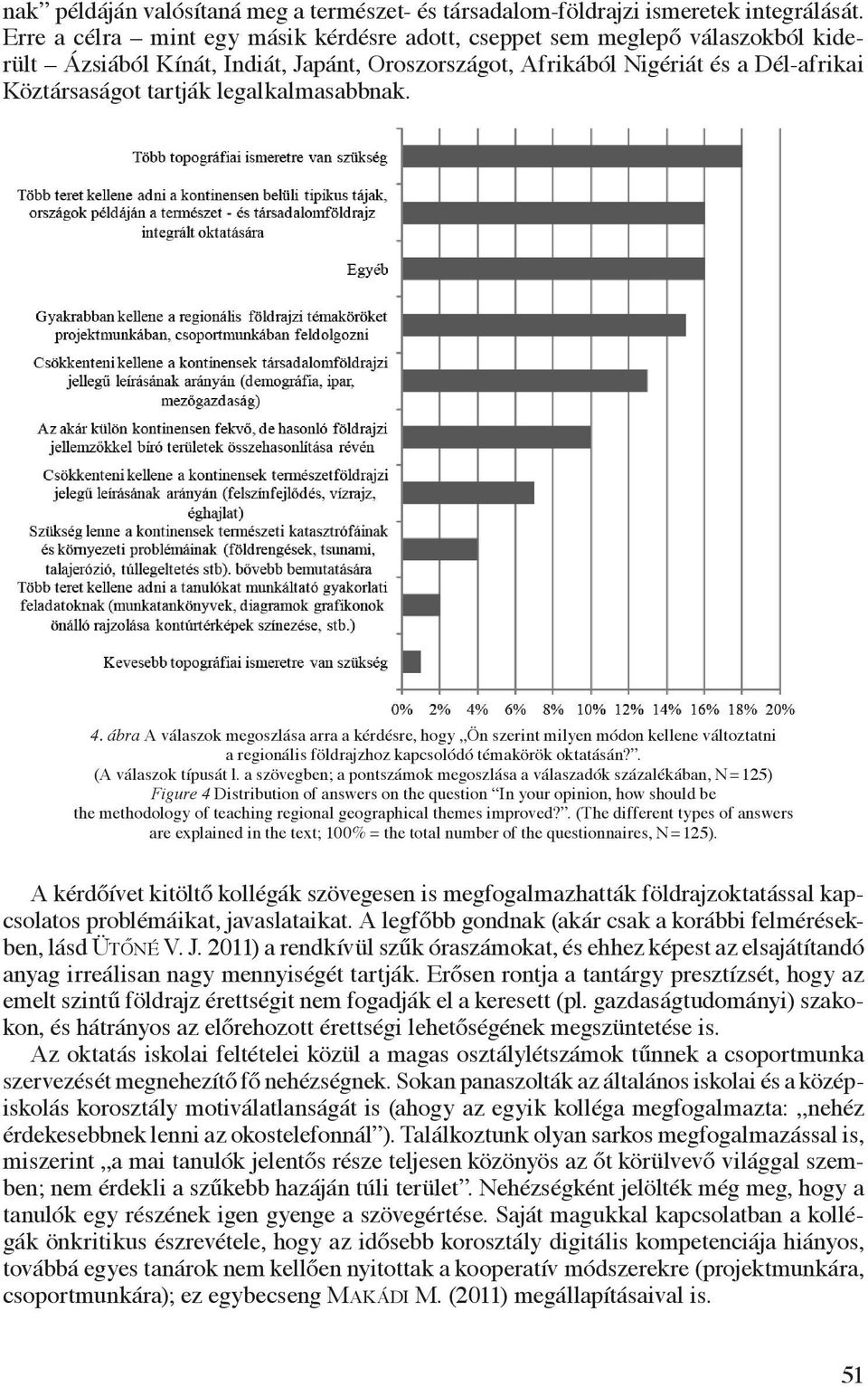 legalkalmasabbnak. 4. ábra A válaszok megoszlása arra a kérdésre, hogy Ön szerint milyen módon kellene változtatni a regionális földrajzhoz kapcsolódó témakörök oktatásán?. (A válaszok típusát l.