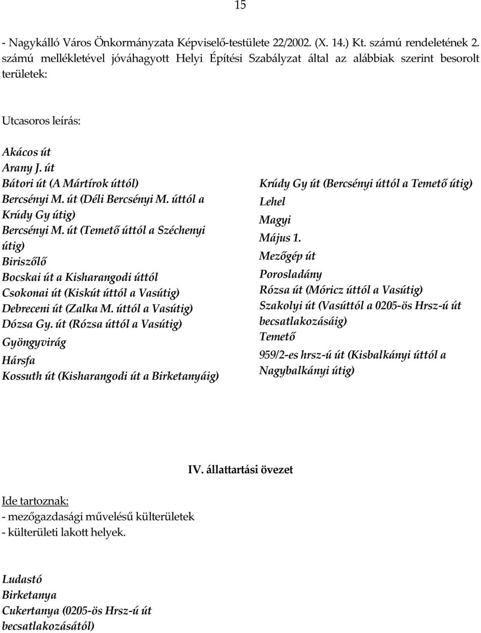 út (Déli Bercsényi M. úttól a Krúdy Gy útig) Bercsényi M. út (Temető úttól a Széchenyi útig) Biriszőlő Bocskai út a Kisharangodi úttól Csokonai út (Kiskút úttól a Vasútig) Debreceni út (Zalka M.