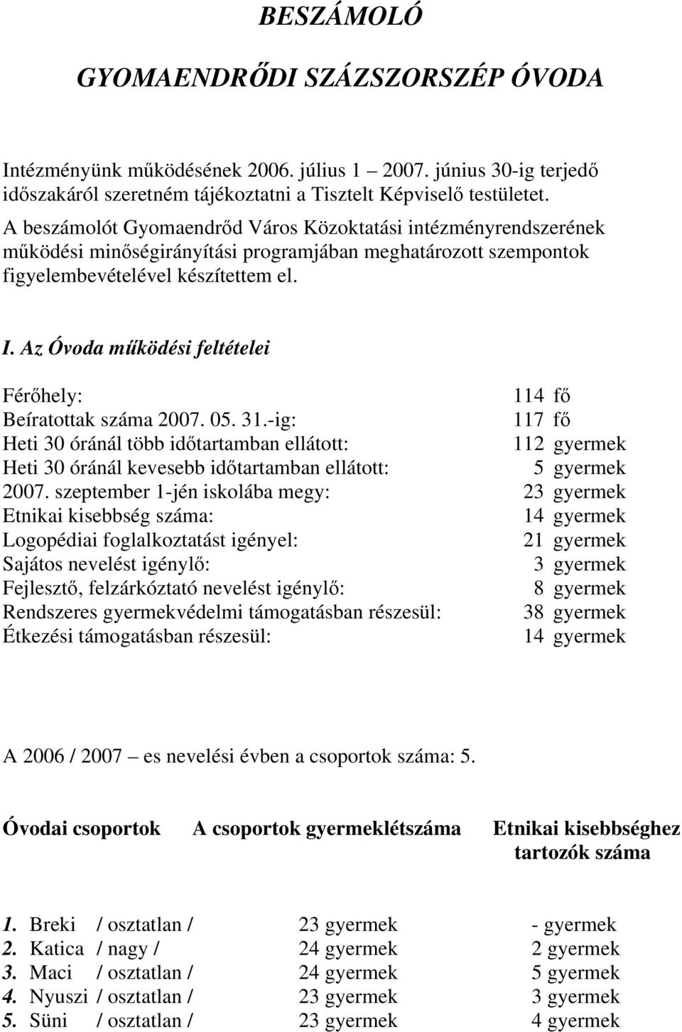 Az Óvoda működési feltételei Férőhely: 114 fő Beíratottak száma 2007. 05. 31.