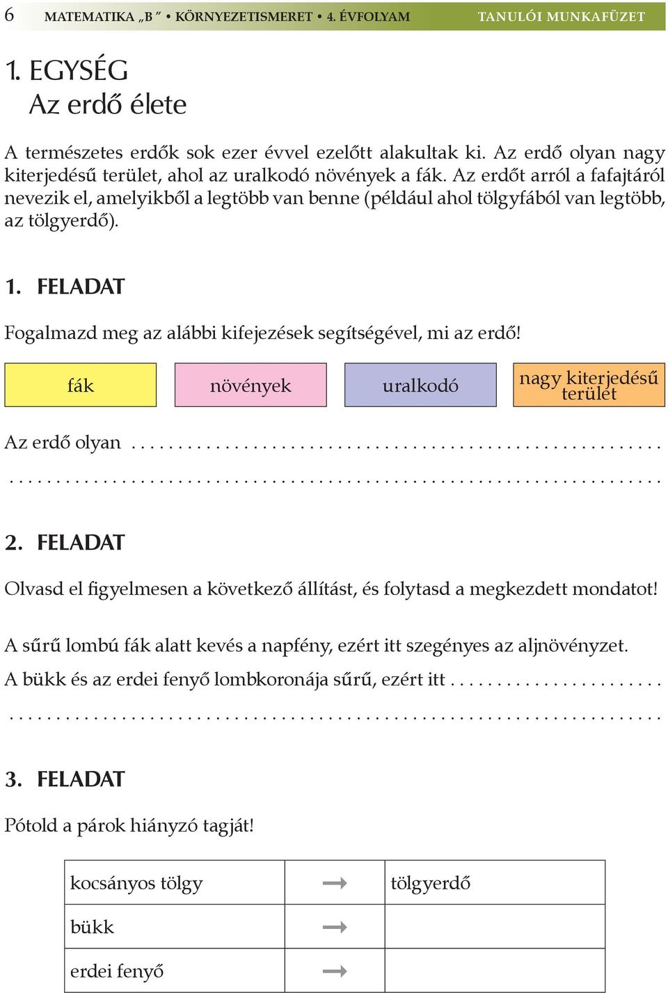 feladat Fogalmazd meg az alábbi kifejezések segítségével, mi az erdő! fák növények uralkodó nagy kiterjedésű terület Az erdő olyan.............................................................................................................................. 2.