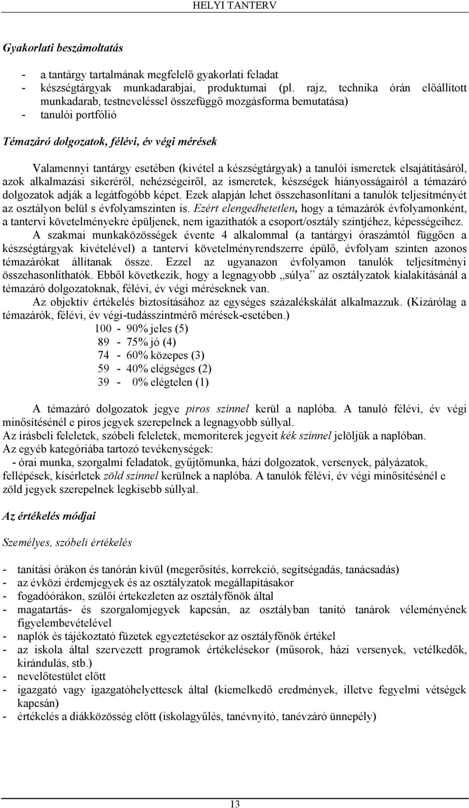 készségtárgyak) a tanulói ismeretek elsajátításáról, azok alkalmazási sikeréről, nehézségeiről, az ismeretek, készségek hiányosságairól a témazáró dolgozatok adják a legátfogóbb képet.