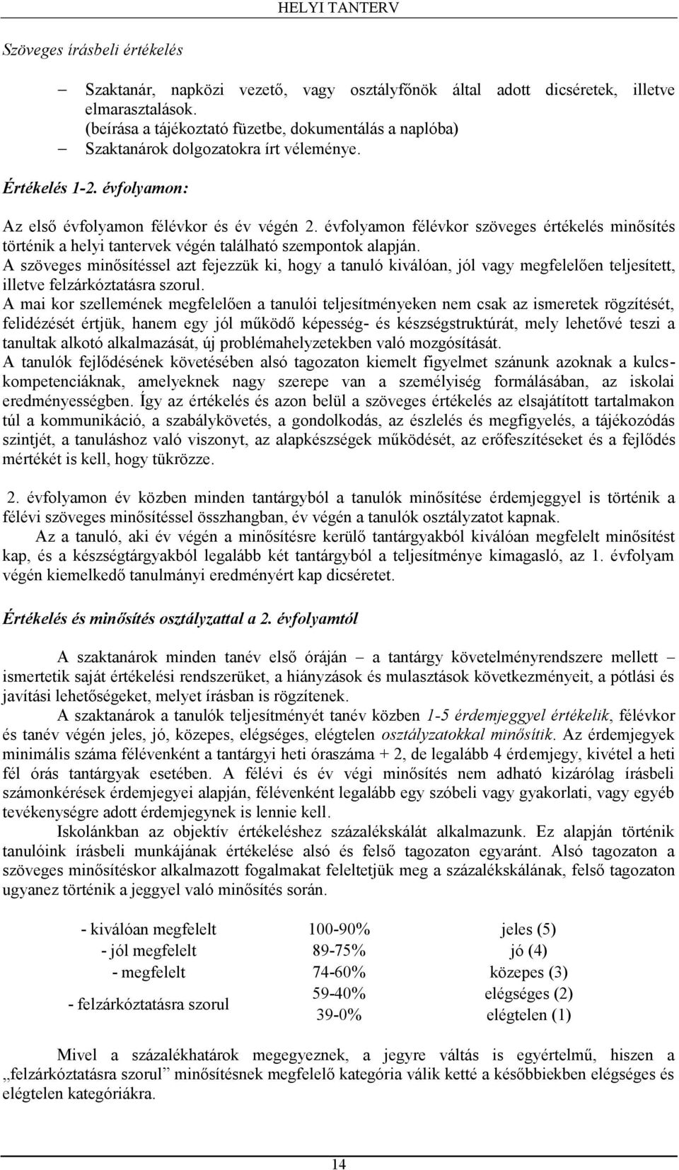 évfolyamon félévkor szöveges értékelés minősítés történik a helyi tantervek végén található szempontok alapján.