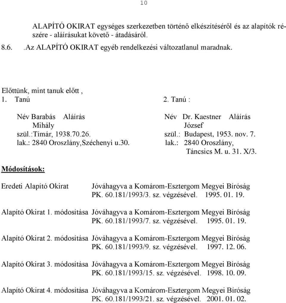 lak.: 2840 Oroszlány, Táncsics M. u. 31. X/3. Módosítások: Eredeti Alapító Okirat Jóváhagyva a Komárom-Esztergom Megyei Bíróság PK. 60.181/1993/3. sz. végzésével. 1995. 01. 19. Alapító Okirat 1.