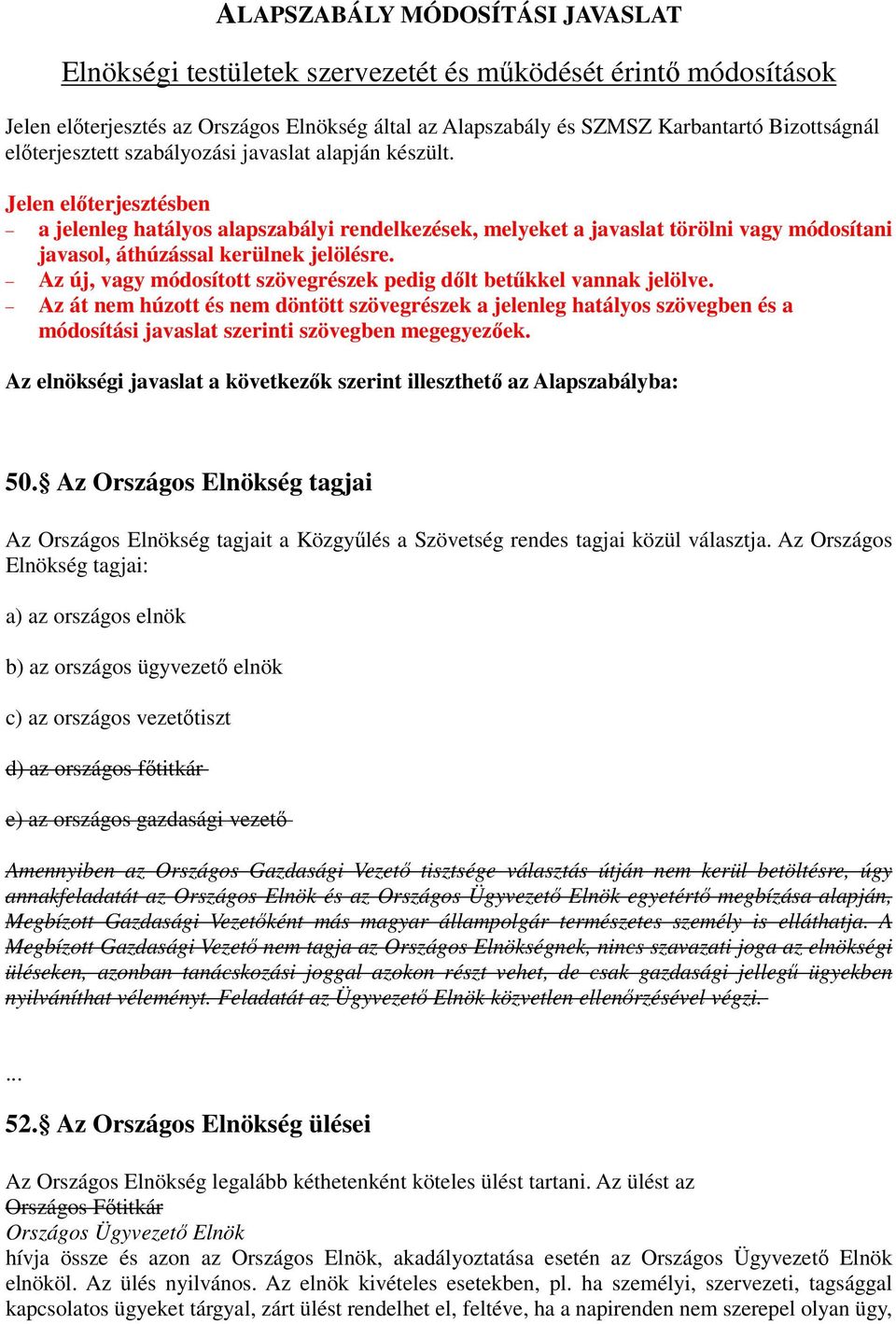 Jelen előterjesztésben a jelenleg hatályos alapszabályi rendelkezések, melyeket a javaslat törölni vagy módosítani javasol, áthúzással kerülnek jelölésre.