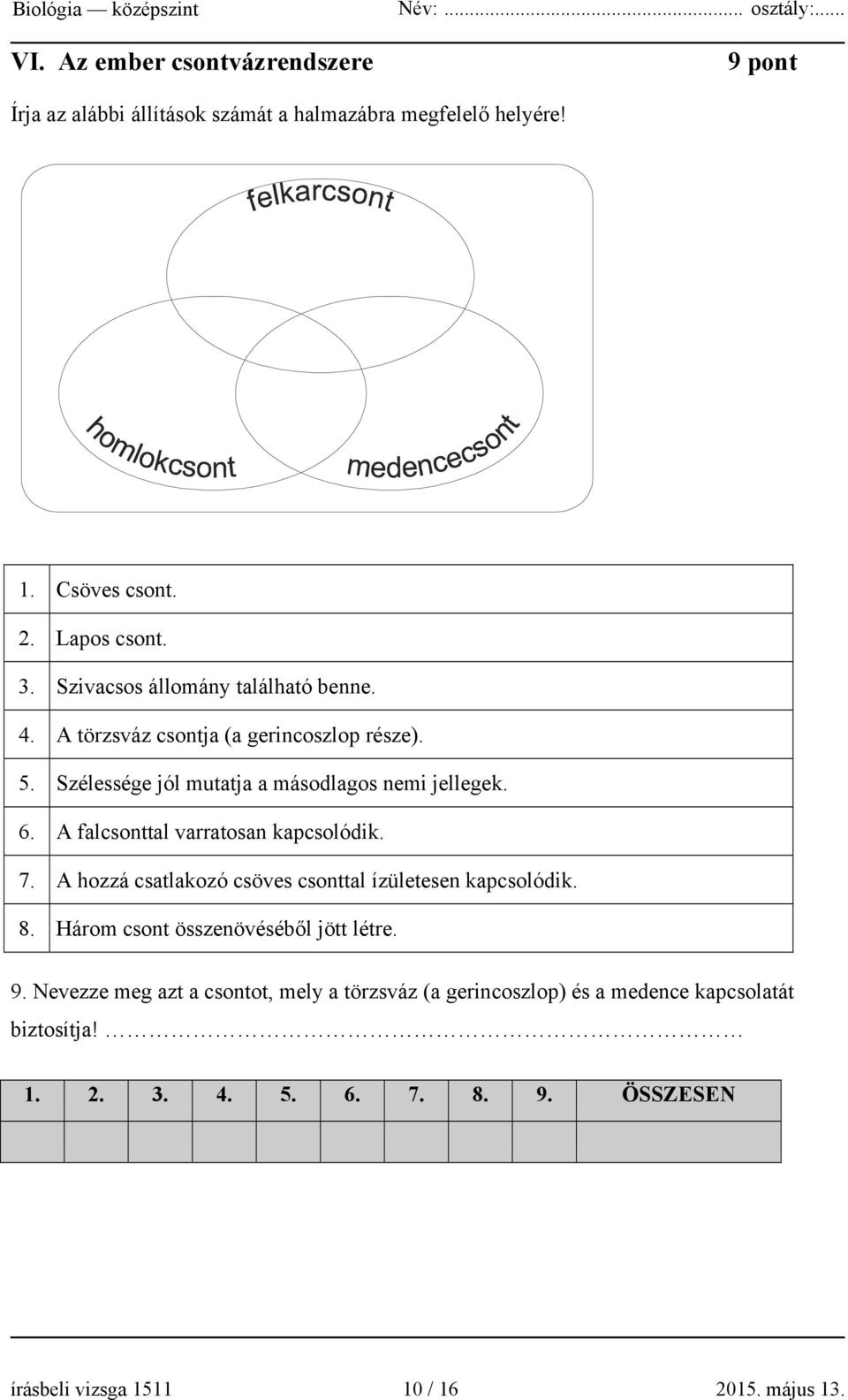 A falcsonttal varratosan kapcsolódik. 7. A hozzá csatlakozó csöves csonttal ízületesen kapcsolódik. 8. Három csont összenövéséből jött létre. 9.