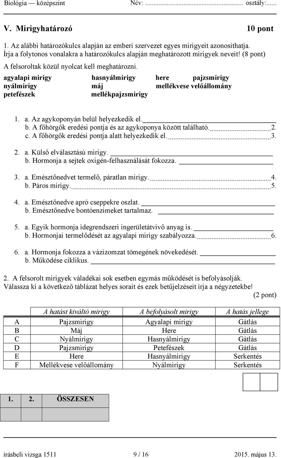 b. A főhörgők eredési pontja és az agykoponya között található. 2. c. A főhörgők eredési pontja alatt helyezkedik el. 3. 2. a. Külső elválasztású mirigy. b.