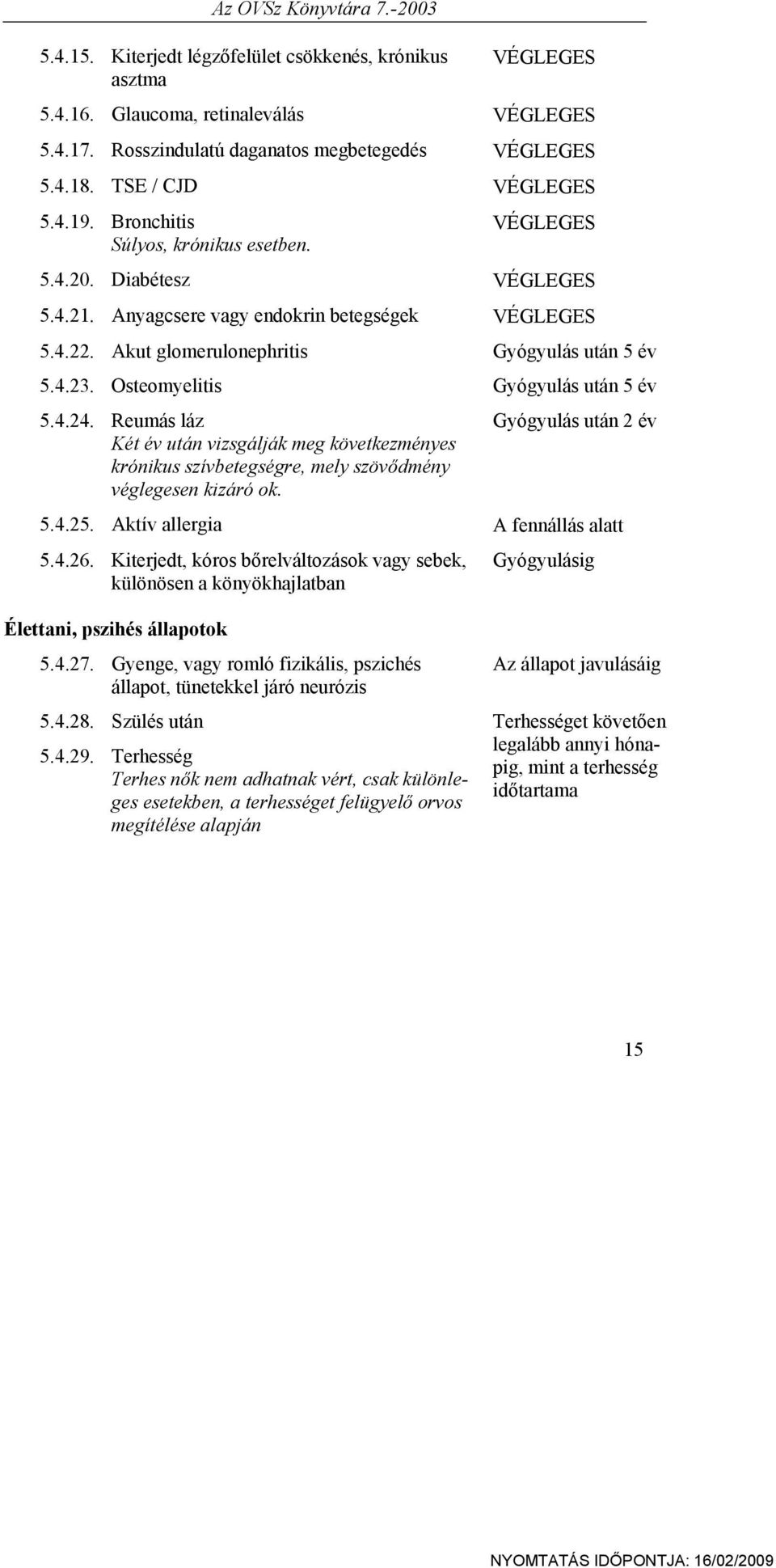 Akut glomerulonephritis Gyógyulás után 5 év 5.4.23. Osteomyelitis Gyógyulás után 5 év 5.4.24.