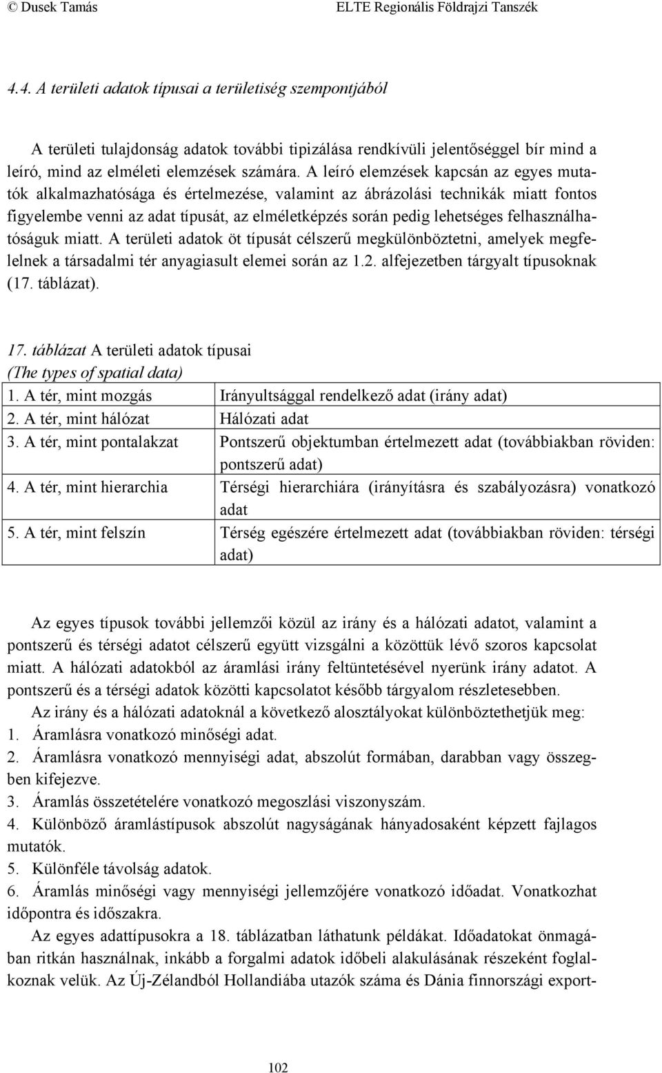 felhasználhatóságuk miatt. A területi adatok öt típusát célszerű megkülönböztetni, amelyek megfelelnek a társadalmi tér anyagiasult elemei során az 1.2. alfejezetben tárgyalt típusoknak (17.
