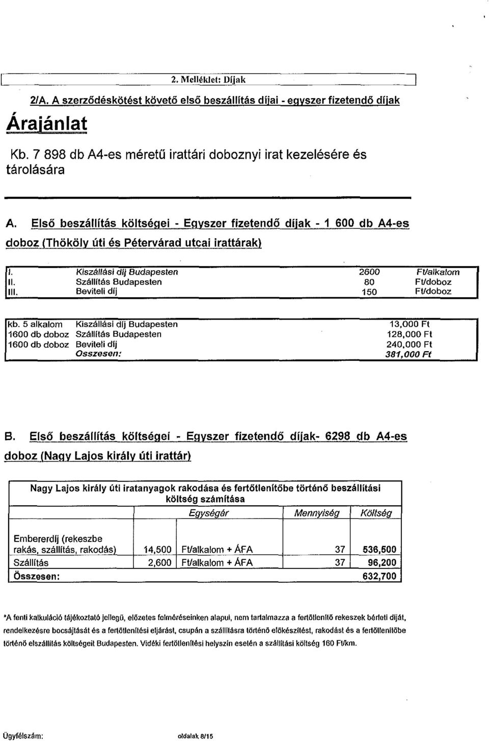 Ft/alkalom Ft/doboz Ft/doboz kb. 5 alkalom Kiszállási díj Budapesten 1600 db doboz Szállítás Budapesten 1600 db doboz Beviteti díj Összesen: 13,000 Ft 128,000 Ft 240,000 Ft 381,000 Ft B.