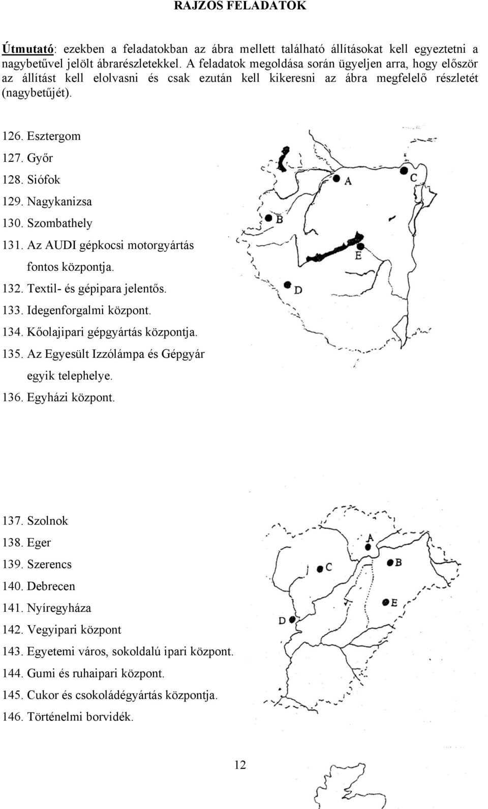 Nagykanizsa 130. Szombathely 131. Az AUDI gépkocsi motorgyártás fontos központja. 132. Textil- és gépipara jelentős. 133. Idegenforgalmi központ. 134. Kőolajipari gépgyártás központja. 135.