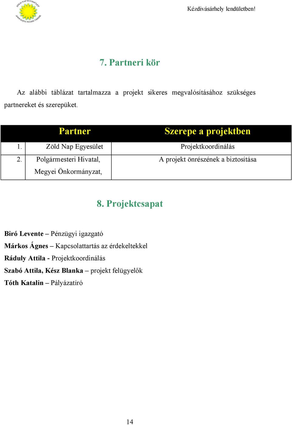 Polgármesteri Hivatal, A projekt önrészének a biztosítása Megyei Önkormányzat, 8.