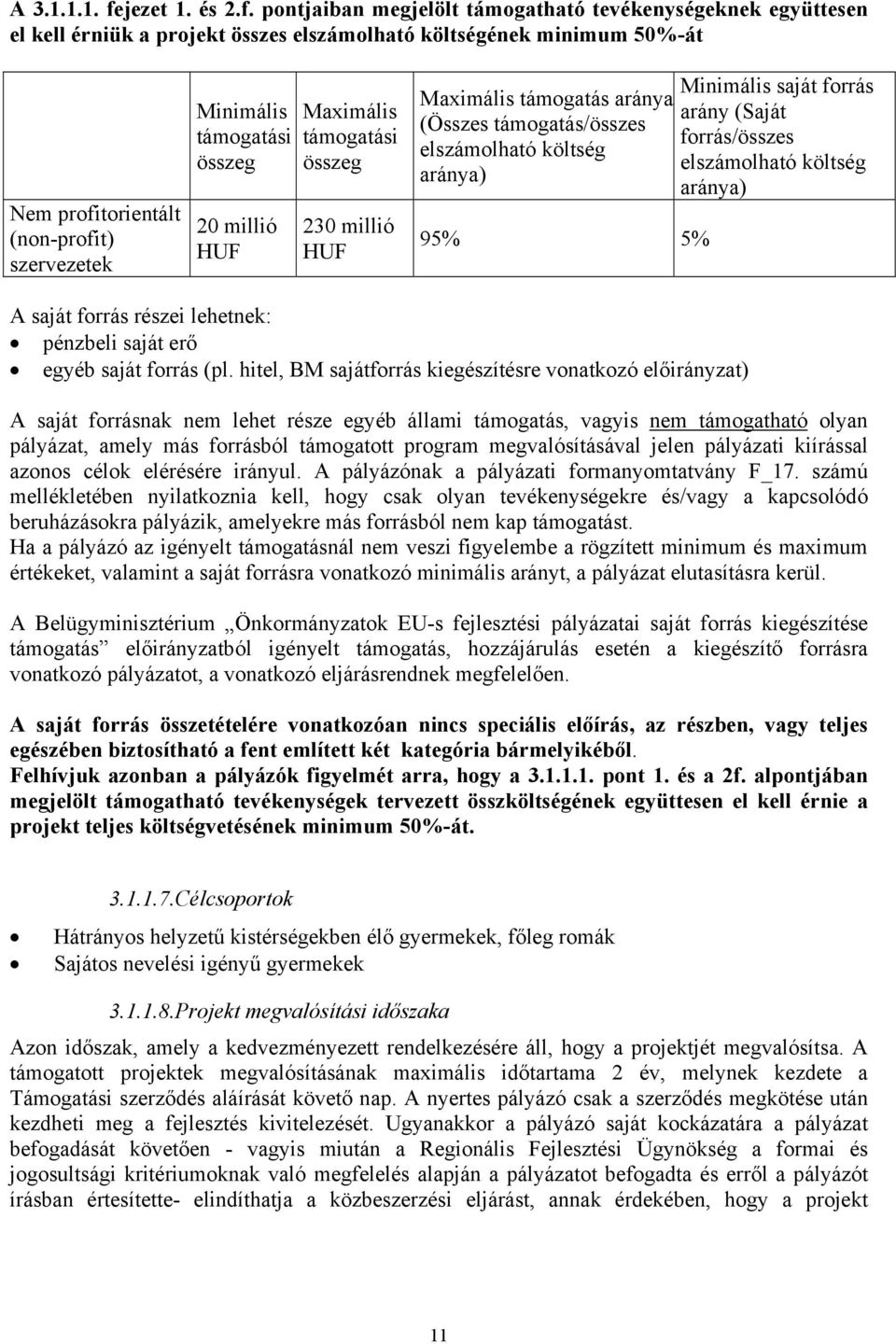 pontjaiban megjelölt támogatható tevékenységeknek együttesen el kell érniük a projekt összes elszámolható költségének minimum 50%-át Nem profitorientált (non-profit) szervezetek Minimális támogatási