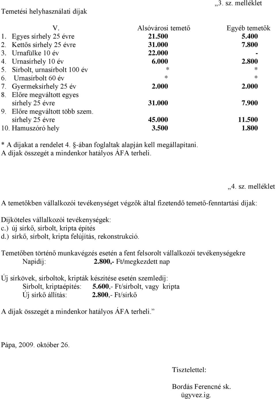 Előre megváltott több szem. sírhely 25 évre 45.000 11.500 10. Hamuszóró hely 3.500 1.800 * A díjakat a rendelet 4. -ában foglaltak alapján kell megállapítani.