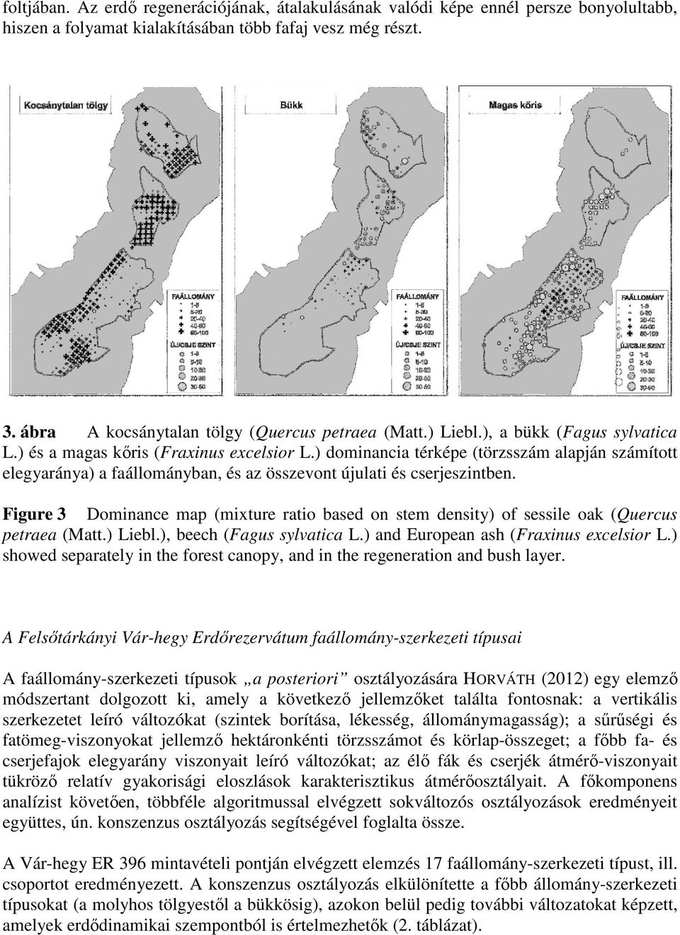 ) dominancia térképe (törzsszám alapján számított elegyaránya) a faállományban, és az összevont újulati és cserjeszintben.