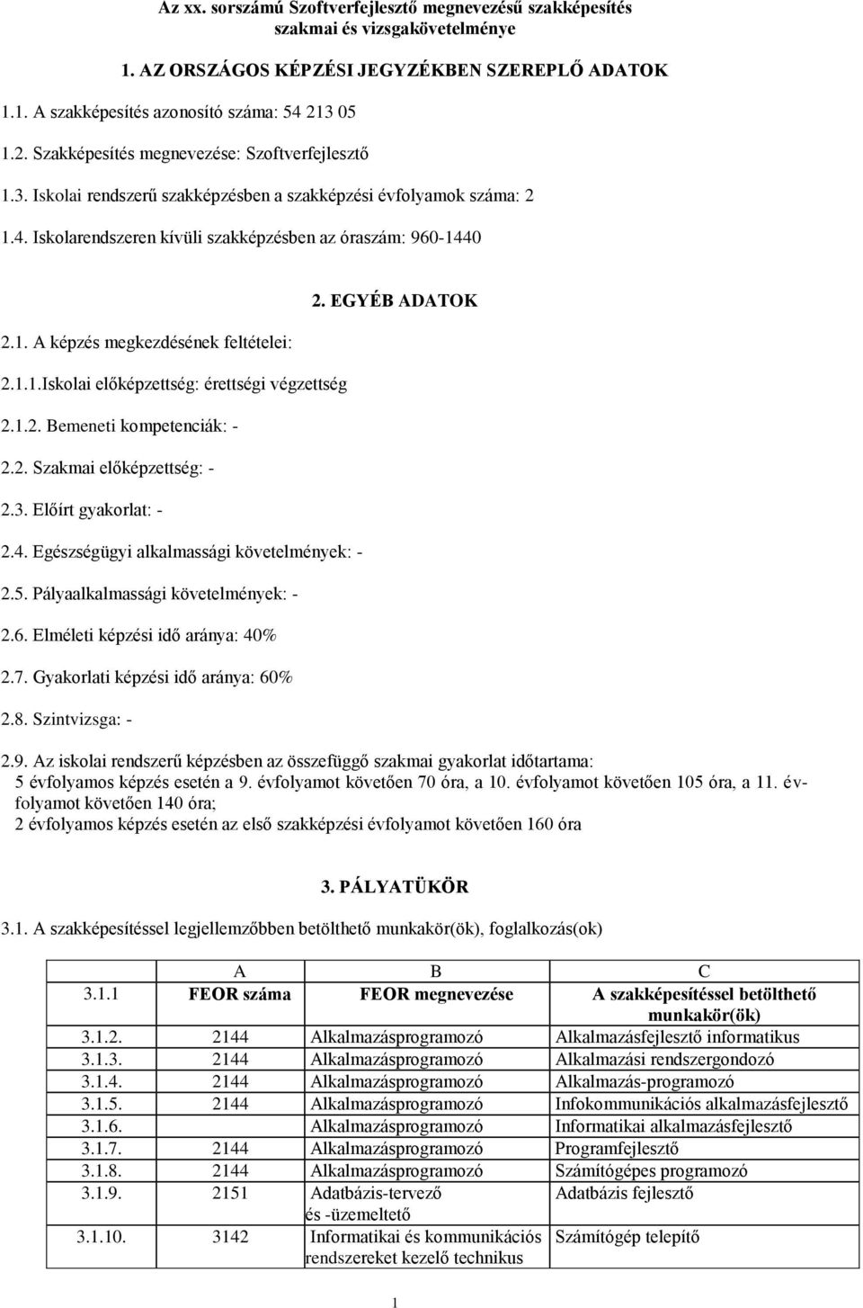 1.1.Iskolai előképzettség: érettségi végzettség 2.1.2. Bemeneti kompetenciák: - 2.2. Szakmai előképzettség: - 2.3. Előírt gyakorlat: - 2.4. Egészségügyi alkalmassági követelmények: - 2.5.