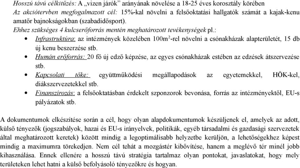 : Infrastruktúra : az intézmények közelében 100m 2 -rel növelni a csónakházak alapterületét, 15 db új kenu beszerzése stb.