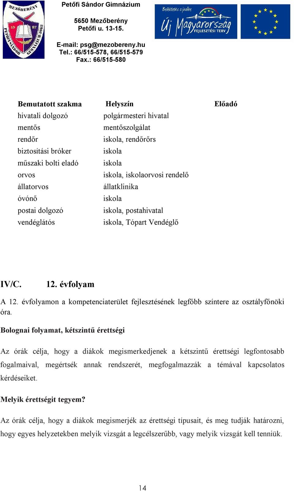 évfolyamon a kompetenciaterület fejlesztésének legfőbb színtere az osztályfőnöki óra.