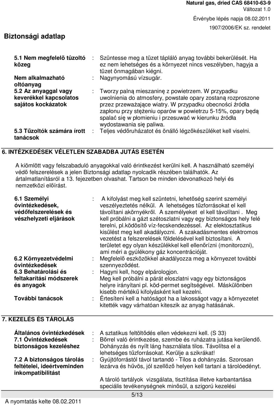 : Nagynyomású vízsugár. : Tworzy palną mieszaninę z powietrzem. W przypadku uwolnienia do atmosfery, powstałe opary zostaną rozproszone przez przeważające wiatry.