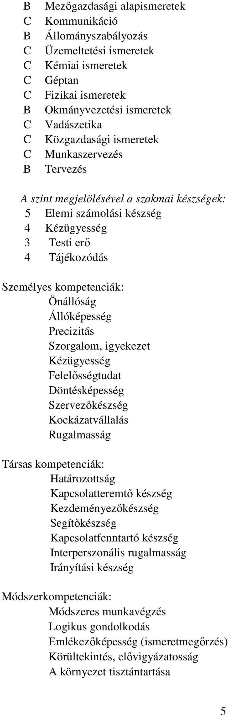 Szorgalom, igyekezet Kézügyesség Felelősségtudat Döntésképesség Szervezőkészség Kockázatvállalás Rugalmasság Társas kompetenciák: Határozottság Kapcsolatteremtő készség Kezdeményezőkészség