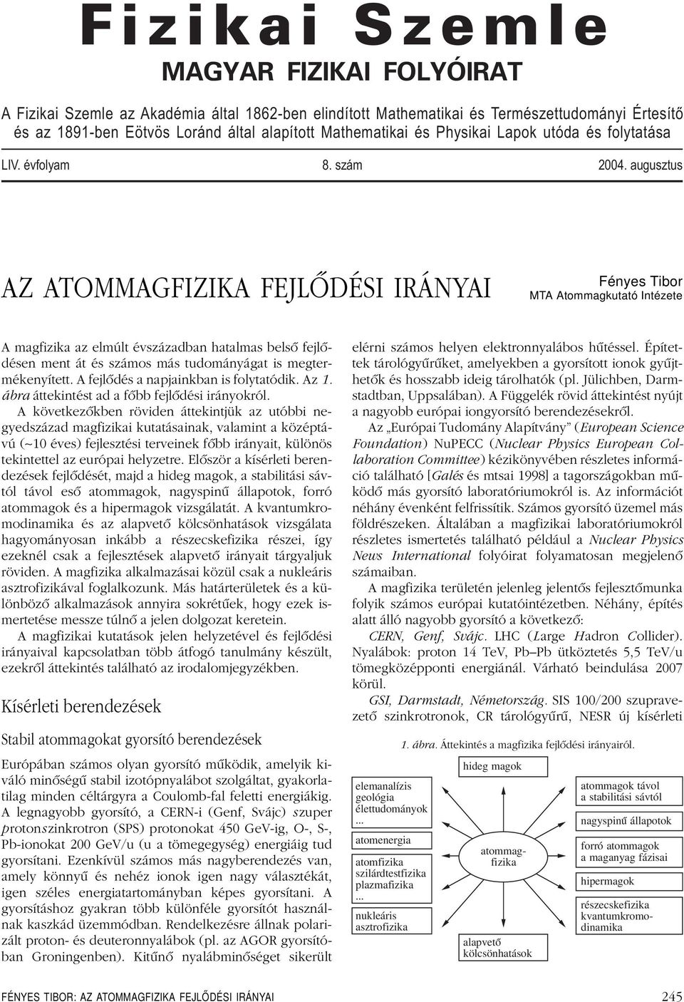 augusztus AZ ATOMMAGFIZIKA FEJLÔDÉSI IRÁNYAI Fényes Tibor MTA Atommagkutató Intézete A magfizika az elmúlt évszázadban hatalmas belsô fejlôdésen ment át és számos más tudományágat is