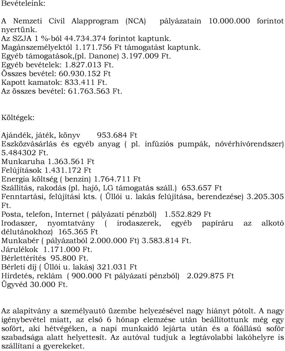 Költégek: Ajándék, játék, könyv 953.684 Ft Eszközvásárlás és egyéb anyag ( pl. infúziós pumpák, nővérhívórendszer) 5.484302 Ft. Munkaruha 1.363.561 Ft Felújítások 1.431.
