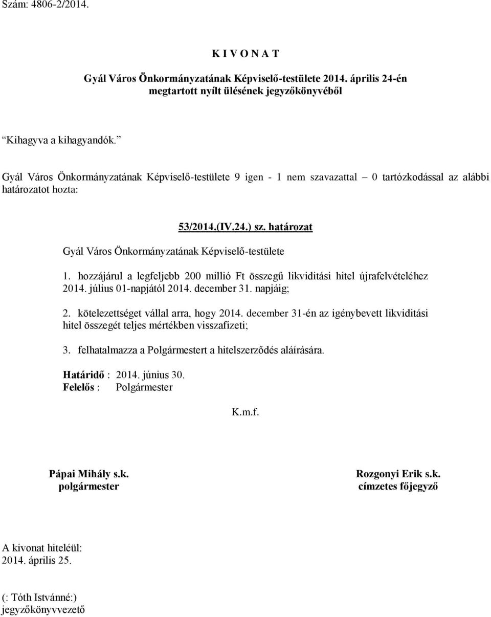 hozzájárul a legfeljebb 200 millió Ft összegű likviditási hitel újrafelvételéhez 2014. július 01-napjától 2014. december 31. napjáig; 2.