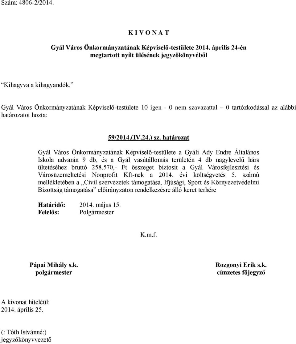 hárs ültetéséhez bruttó 258.570,- Ft összeget biztosít a Gyál Városfejlesztési és Városüzemeltetési Nonprofit Kft-nek a 2014. évi költségvetés 5.