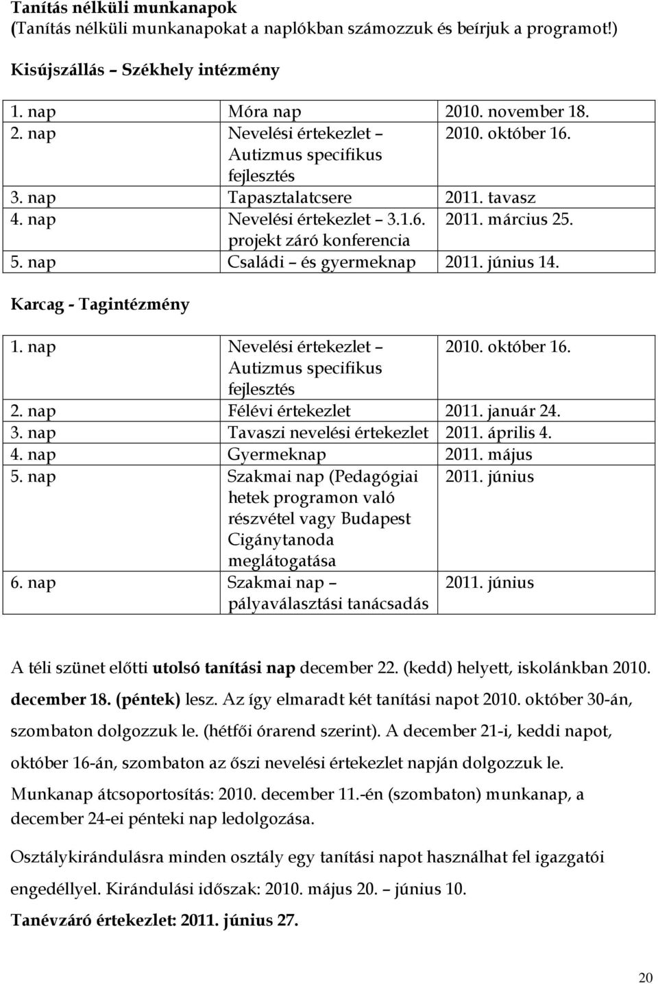 június 14. Karcag - Tagintézmény 1. nap Nevelési értekezlet 2010. október 16. Autizmus specifikus fejlesztés 2. nap Félévi értekezlet 2011. január 24. 3. nap Tavaszi nevelési értekezlet 2011.