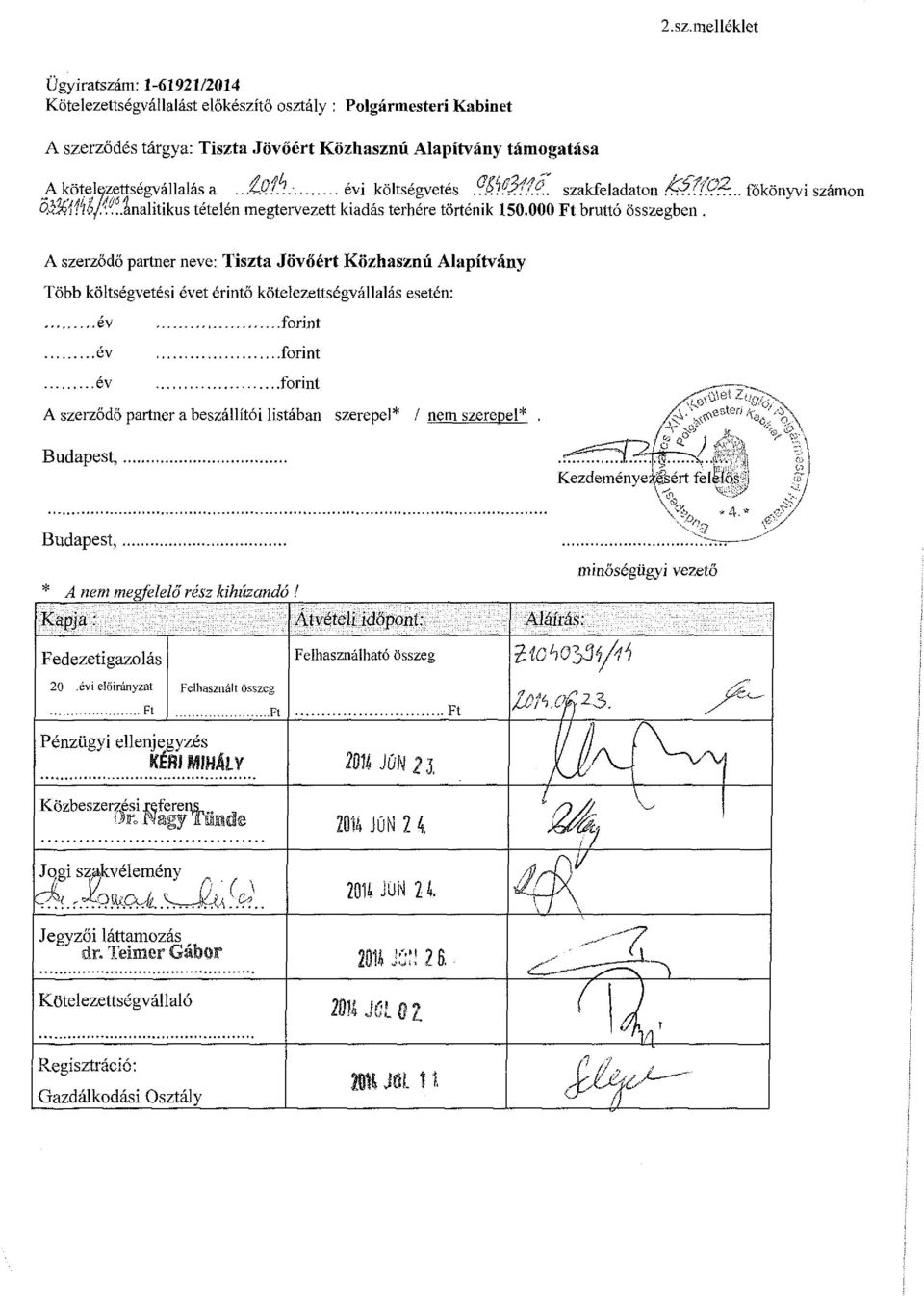 ..4-/?/... évi költségvetés..pj^iif?.. szakfeladaton fí?.?íf?~.. főkönyvi számon Q&aíiw/.''....analitikus tételén megtervezett kiadás terhére történik 150.000 Ft bruttó Összegben.