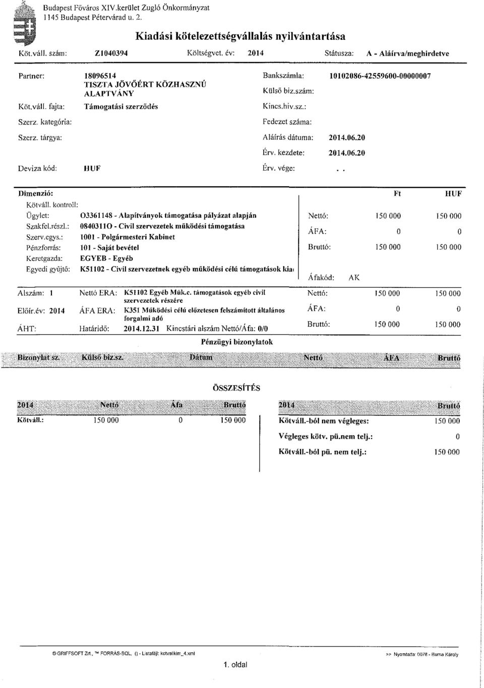 kategória: Támogatási szerződés Kincs, hiv.sz.: Fedezet száma: Szerz. tárgya: Aláírás dátuma: Érv. kezdete: 2014.06.20 2014.06.20 Deviza kód: HUF Érv. vége: Dimenzió: Ft HUF Kötváll.