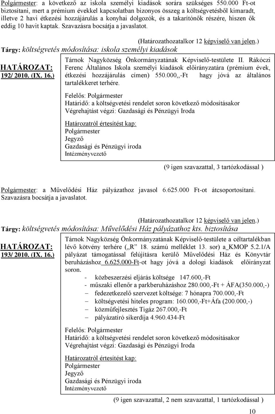 eddig 10 havit kaptak. Szavazásra bocsátja a javaslatot. Tárgy: költségvetés módosítása: iskola személyi kiadások 192/ 2010. (IX. 16.) Tárnok Nagyközség Önkormányzatának Képviselő-testülete II.