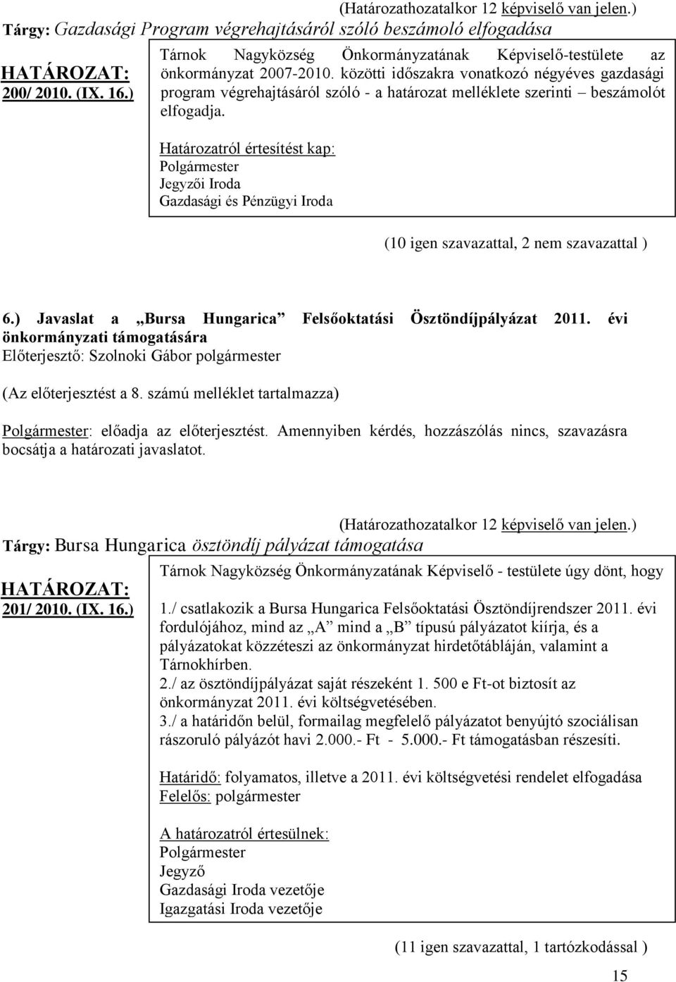 i Iroda Gazdasági és Pénzügyi Iroda (10 igen szavazattal, 2 nem szavazattal ) 6.) Javaslat a Bursa Hungarica Felsőoktatási Ösztöndíjpályázat 2011.