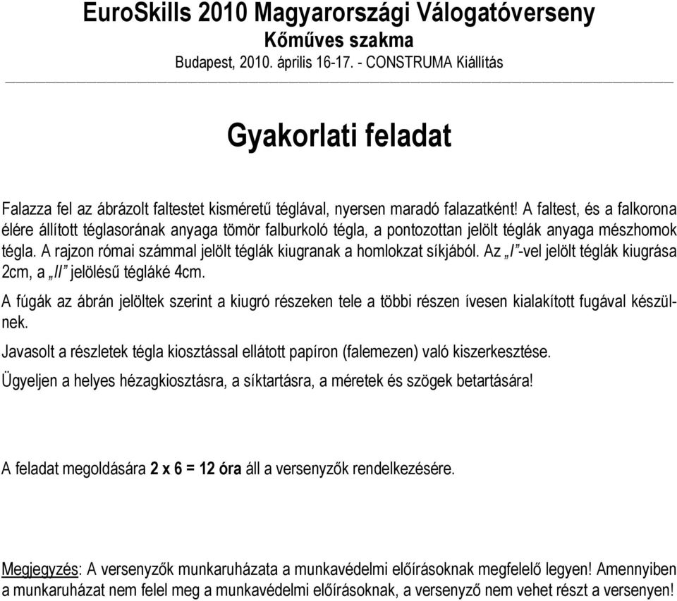 A faltest, és a falkorona élére állított téglasorának anyaga tömör falburkoló tégla, a pontozottan jelölt téglák anyaga mészhomok tégla.