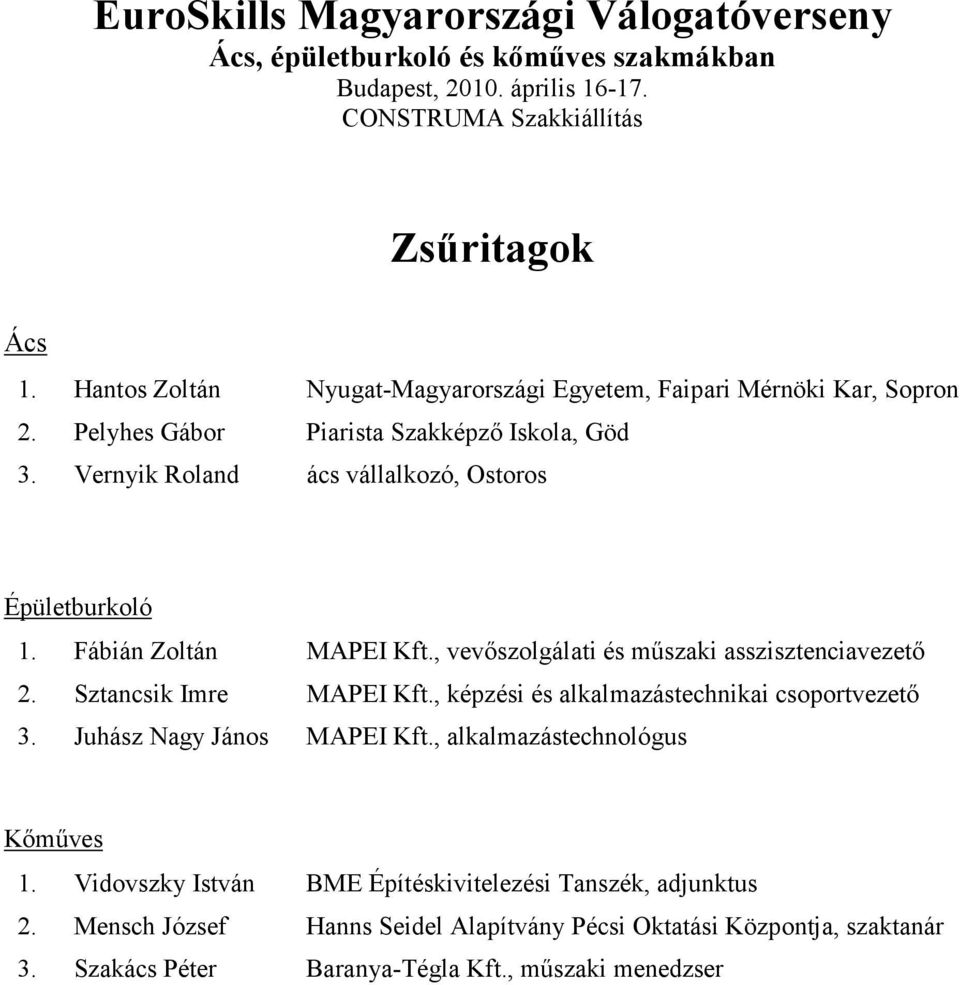 Fábián Zoltán MAPE Kft., vevıszolgálati és mőszaki asszisztenciavezetı 2. Sztancsik mre MAPE Kft., képzési és alkalmazástechnikai csoportvezetı 3. Juhász Nagy János MAPE Kft.