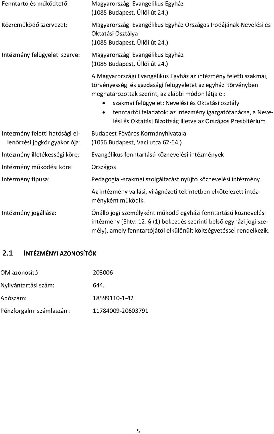 ) Magyarországi Evangélikus Egyház Országos Irodájának Nevelési és Oktatási Osztálya (1085 Budapest, Üllői út 24.) Magyarországi Evangélikus Egyház (1085 Budapest, Üllői út 24.