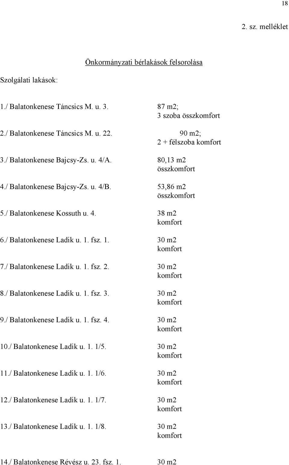 / Balatonkenese Ladik u. 1. fsz. 1. 30 m2 7./ Balatonkenese Ladik u. 1. fsz. 2. 30 m2 8./ Balatonkenese Ladik u. 1. fsz. 3. 30 m2 9./ Balatonkenese Ladik u. 1. fsz. 4. 30 m2 10.