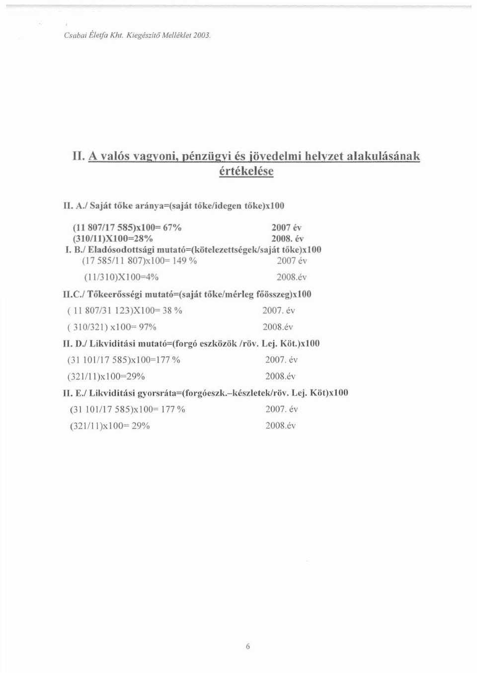 év I1.C./ Tókccrösségi Dlutató=(saját tőke/mérleg fóösszeg)xtoo (IIS07/31123)XIOO~3S% 2007. év (310/321) xioo~ 97% 200S.év II. 0./ Likviditási mutató=(forgó eszközök /röv. Lej. Köt.