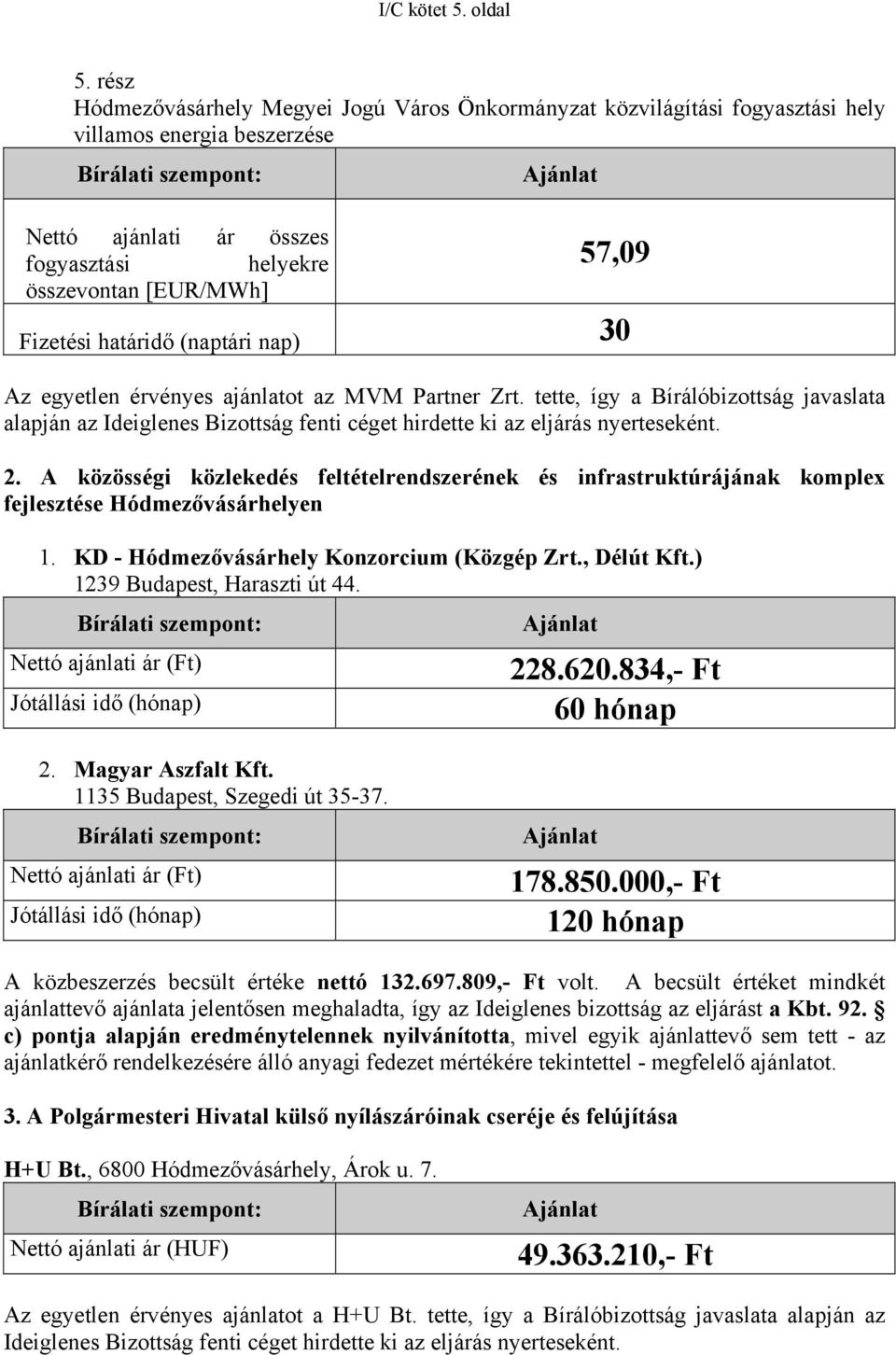 Ajánlat 57,09 Fizetési határidő (naptári nap) 30 Az egyetlen érvényes ajánlatot az MVM Partner Zrt.