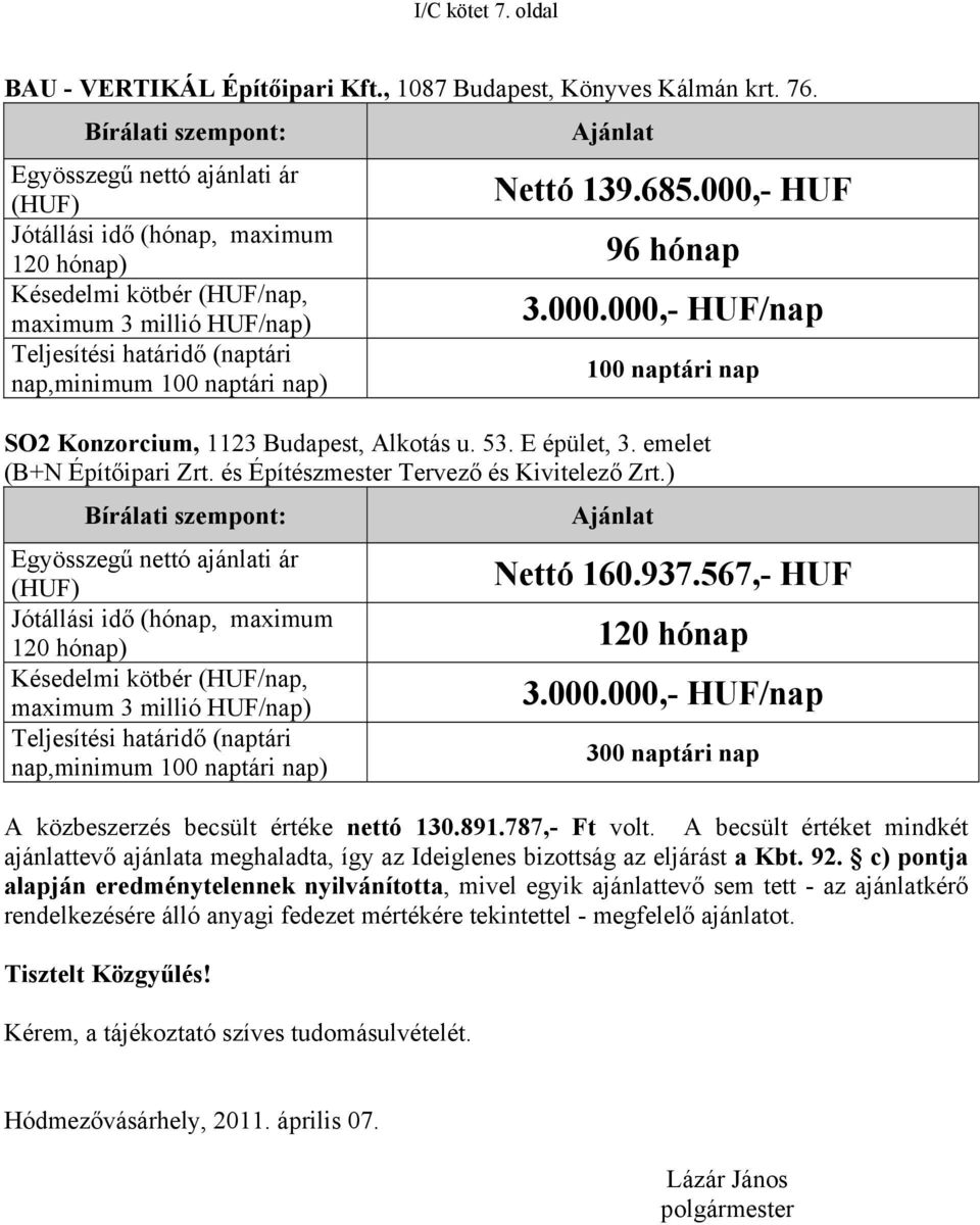 53. E épület, 3. emelet (B+N Építőipari Zrt. és Építészmester Tervező és Kivitelező Zrt.) Bírálati szempont: Egyösszegű nettó ajánlati ár (HUF) Ajánlat Nettó 160.937.