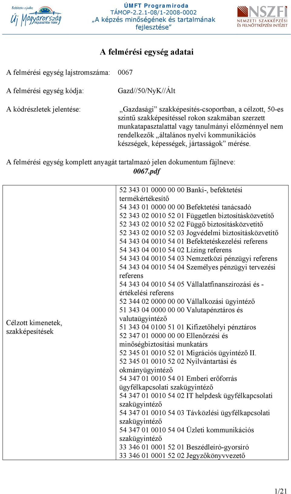 A felmérési egység komplett anyagát tartalmazó jelen dokumentum fájlneve: 0067.