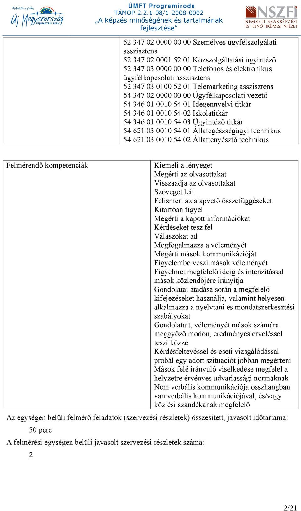 0010 54 01 Állategészségügyi technikus 54 621 03 0010 54 02 Állattenyésztő technikus Felmérendő kompetenciák Kiemeli a lényeget Megérti az olvasottakat Visszaadja az olvasottakat Szöveget leír