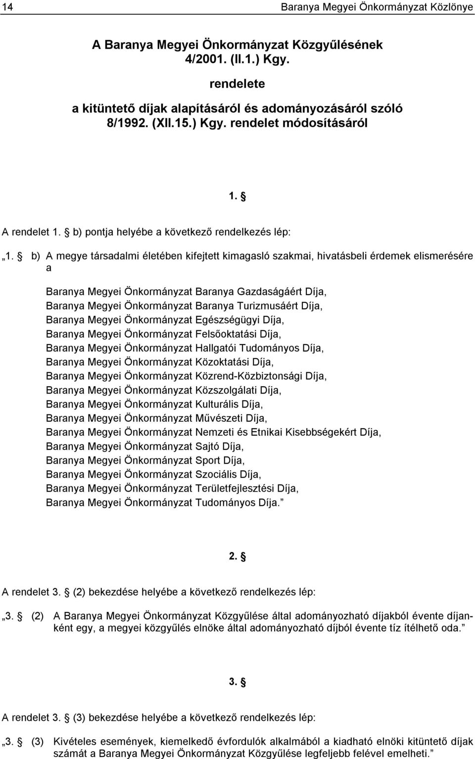 b) A megye társadalmi életében kifejtett kimagasló szakmai, hivatásbeli érdemek elismerésére a Baranya Megyei Önkormányzat Baranya Gazdaságáért Díja, Baranya Megyei Önkormányzat Baranya Turizmusáért