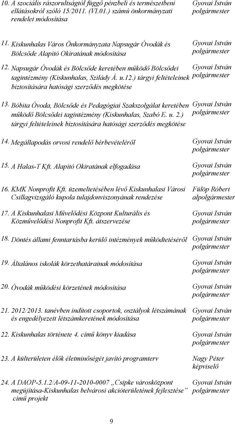 Napsugár Óvodák és Bölcsőde keretében működő Bölcsődei tagintézmény (Kiskunhalas, Szilády Á. u.12.) tárgyi feltételeinek biztosítására hatósági szerződés megkötése Gyovai István polgármester 13.