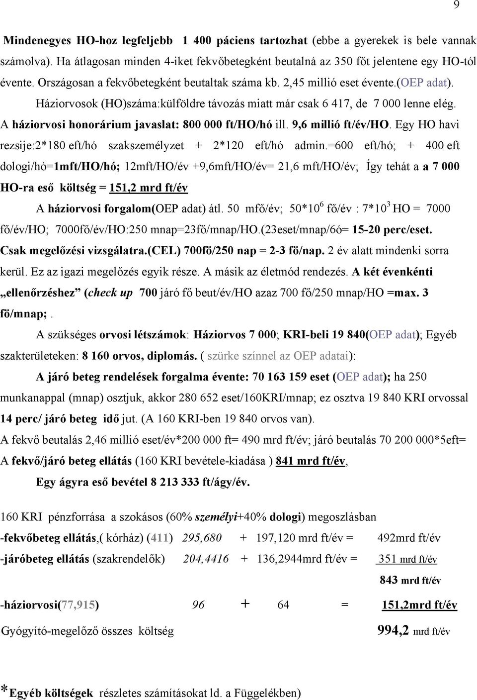 A háziorvosi honorárium javaslat: 800 000 ft/ho/hó ill. 9,6 millió ft/év/ho. Egy HO havi rezsije:2*180 eft/hó szakszemélyzet + 2*120 eft/hó admin.