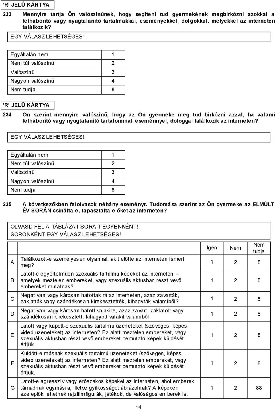 Egyáltalán nem 1 túl valószínű 2 Valószínű 3 Nagyon valószínű 4 tudja 8 R JELŰ KÁRTYA 234 Ön szerint mennyire valószínű, hogy az Ön gyermeke meg tud birkózni azzal, ha valami felháborító vagy