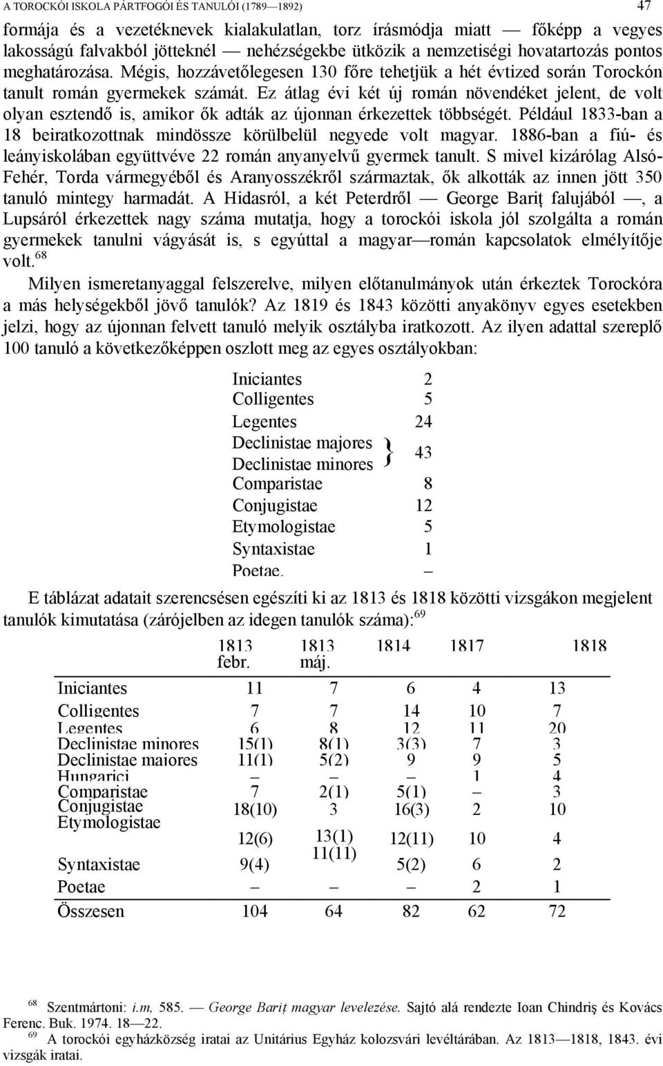 Ez átlag évi két új román növendéket jelent, de volt olyan esztendő is, amikor ők adták az újonnan érkezettek többségét. Például 1833-ban a 18 beiratkozottnak mindössze körülbelül negyede volt magyar.