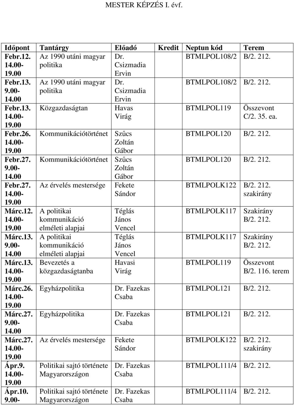 Egyházpolitika Egyházpolitika Az érvelés mestersége Politikai sajtó története Politikai sajtó története Havasi Virág Fekete BTMLPOL108/2 B/2. 212. BTMLPOL119 Összevont C/2. 35. ea. BTMLPOL120 B/2.